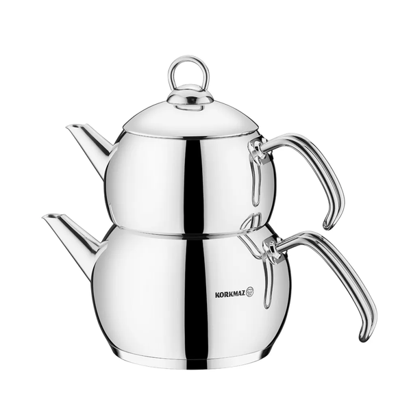 Korkmaz Tombik Turkish Teapot Set, Stainless Steel Double Tea Pot Set, Silver 2.1 Qt and 1.1 Qt