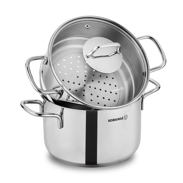 Korkmaz Perla Stainless Steel Steamer Cooking Pot, Glass Lid