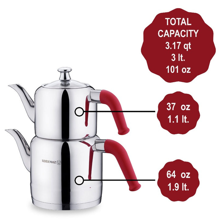 Korkmaz Riva Stainless Steel Double Tea Pot Set, Tea Maker