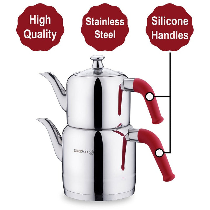 Korkmaz Riva Stainless Steel Double Tea Pot Set, Tea Maker