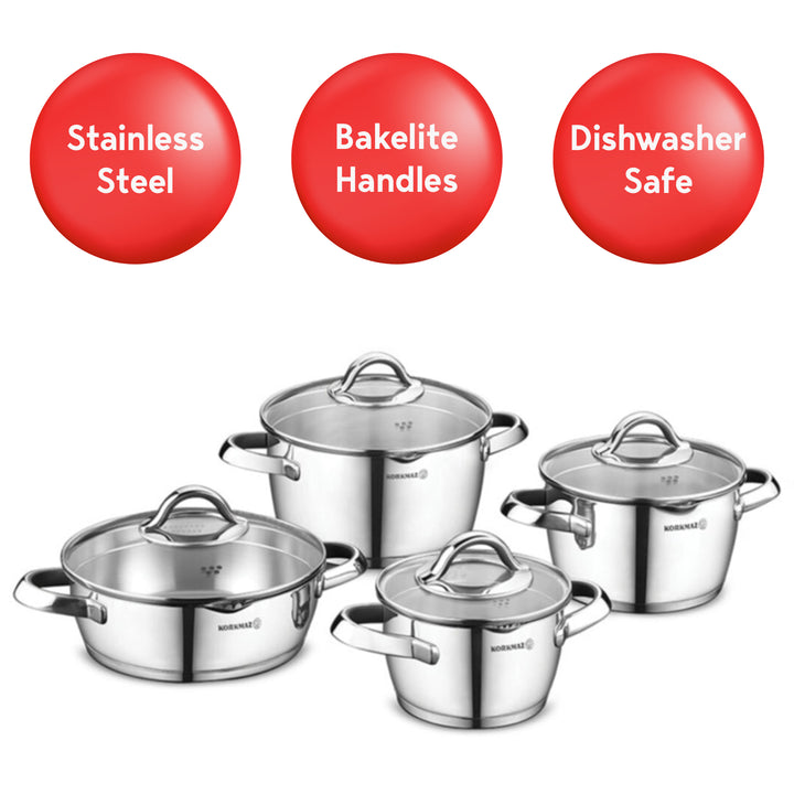 Korkmaz Vertex 8-Piece Stainless Steel Cookware Set, Silver