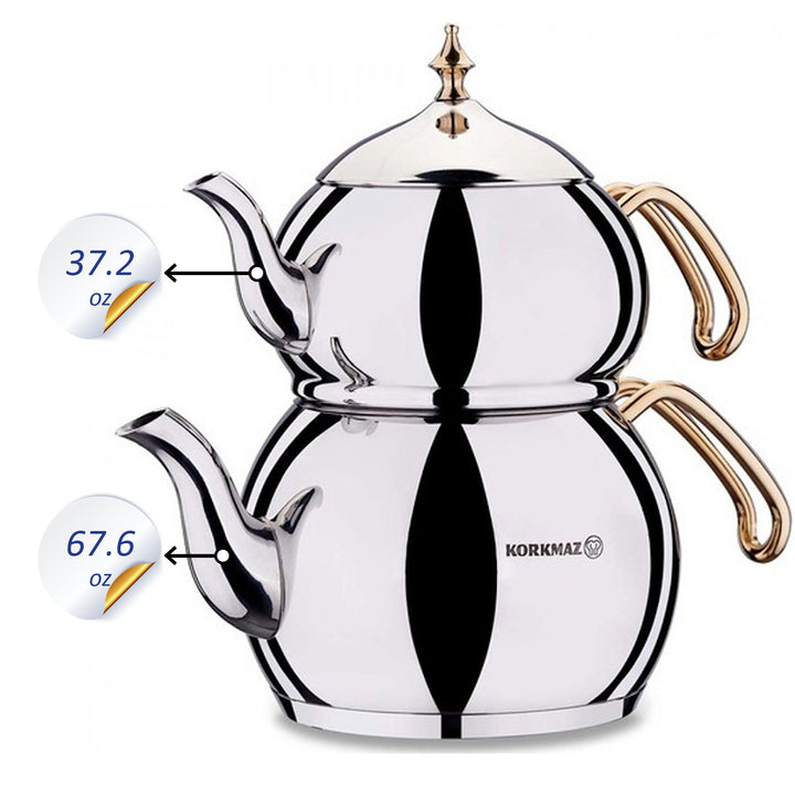 Korkmaz Hanedan Turkish Teapot Set for Stovetop, 3.3 qt