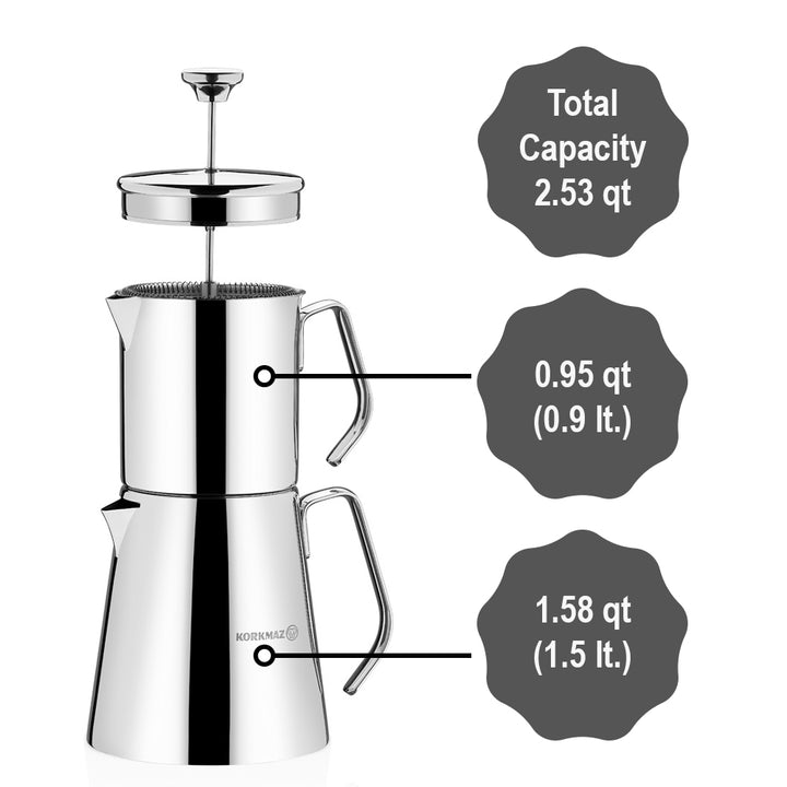 Korkmaz Aqua Stainless Steel French Press Teapot Set