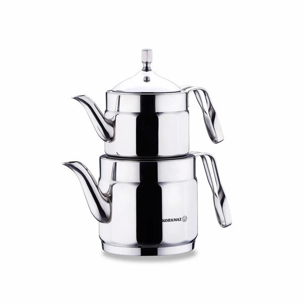 Korkmaz Nostalgia A228 Turkish Teapot Set with Removable Infuser, Silver 1.6 and 0.9 Qt