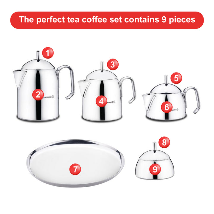 Korkmaz Pera Stainless Steel 9 Piece Tea Coffee Set & Tray