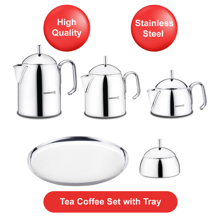 Korkmaz Pera Stainless Steel 9 Piece Tea Coffee Set & Tray