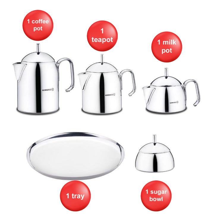 Korkmaz Pera Stainless Steel 9 Piece Tea Coffee Set & Tray