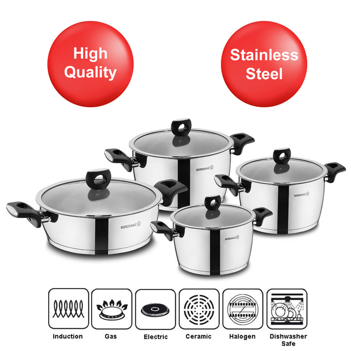 Korkmaz Nora 8-Piece Stainless Steel Cookware Set, Silver