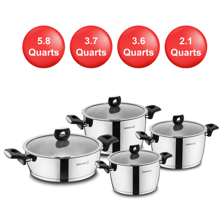 Korkmaz Nora 8-Piece Stainless Steel Cookware Set, Silver