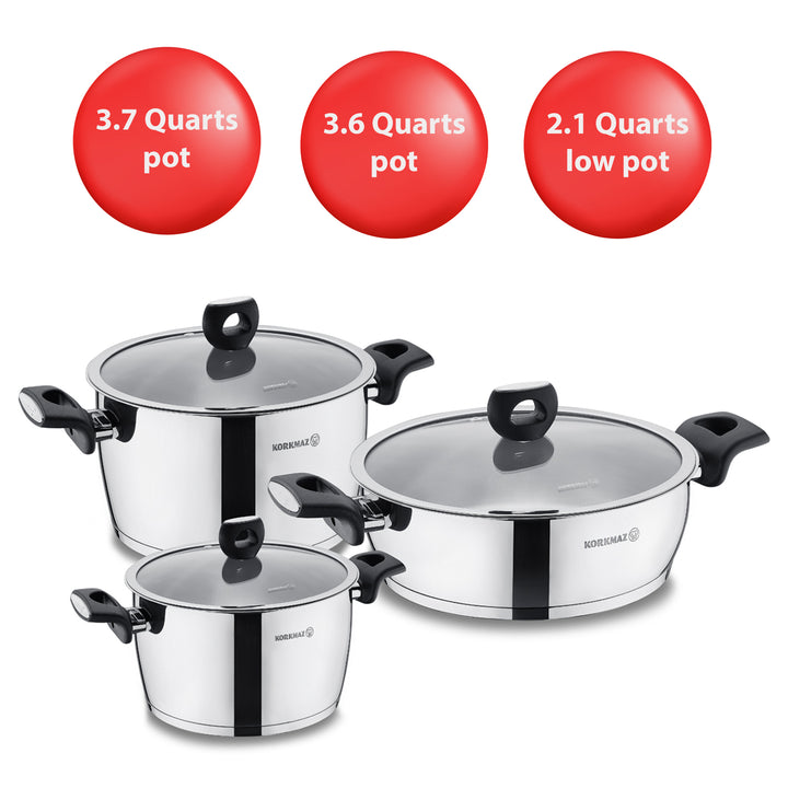 Korkmaz Nora Jr 6-Piece Stainless Steel Cookware Set, Silver