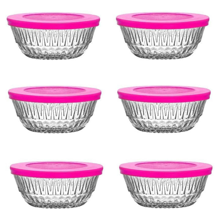 LAV Alinda Glass Bowls with Pink Lids, 6 Pcs, 11.75 Oz