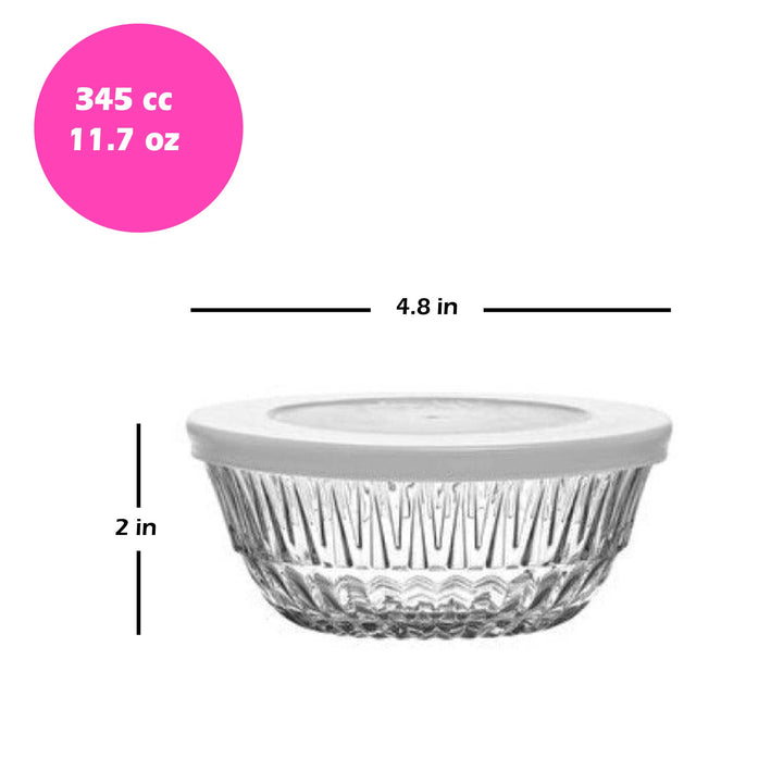 Lav Glass Bowls with White Lids, 6 Pcs, 11.75 Oz, 345 cc