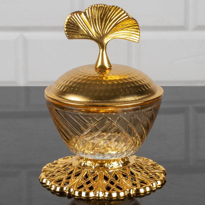 Candy Sugar Glass Footed Round Dish Bowl with Lid, 4 in Gold