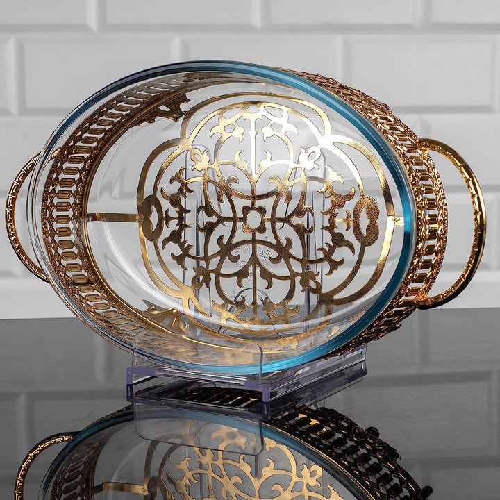 Glass Oval Oven Tray and Metal Decorative Holder Tray for Gift