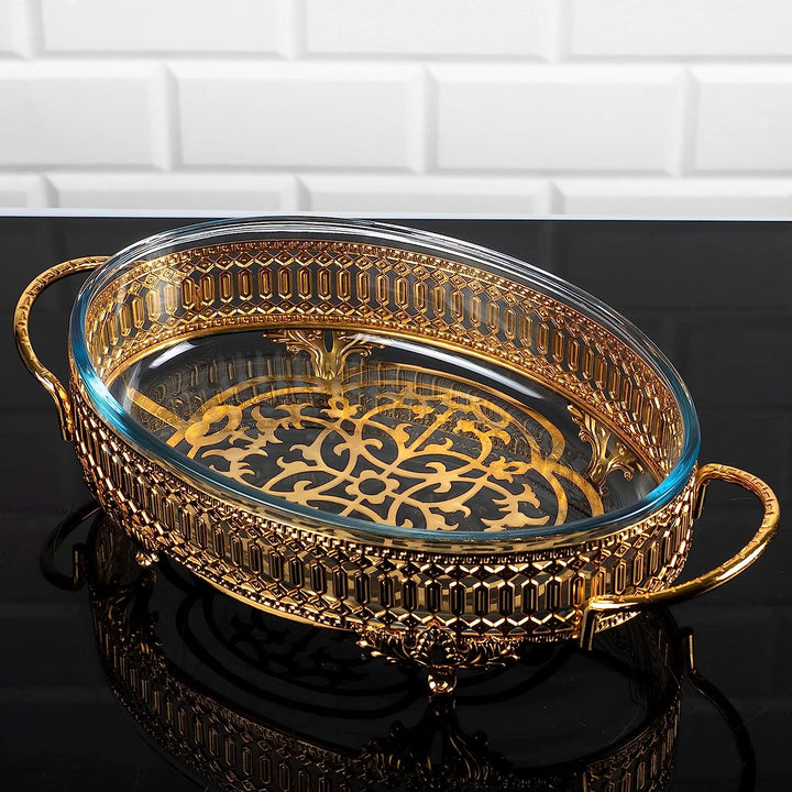 Glass Oval Oven Tray and Metal Decorative Holder Tray for Gift