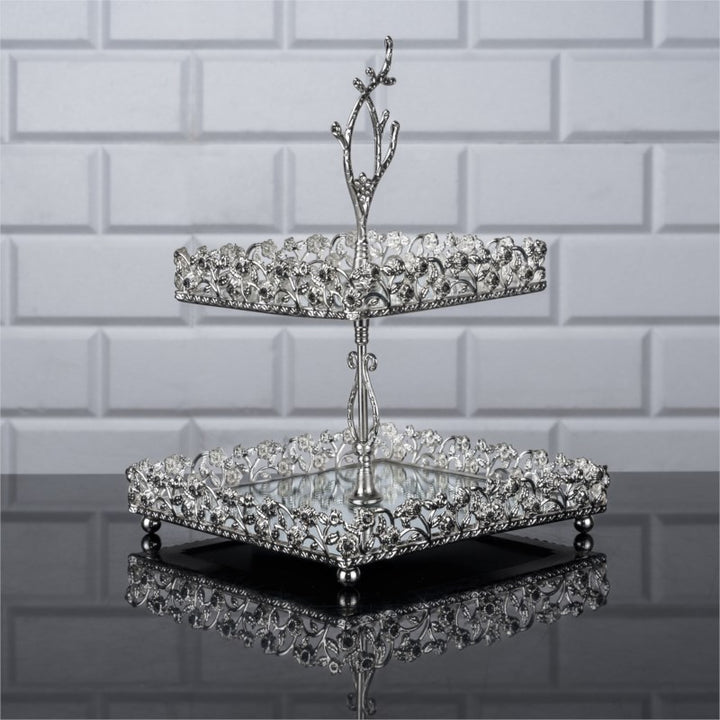 Square Mirrored 2 Tier Table Vanity Tray, Platter, 11.4 in