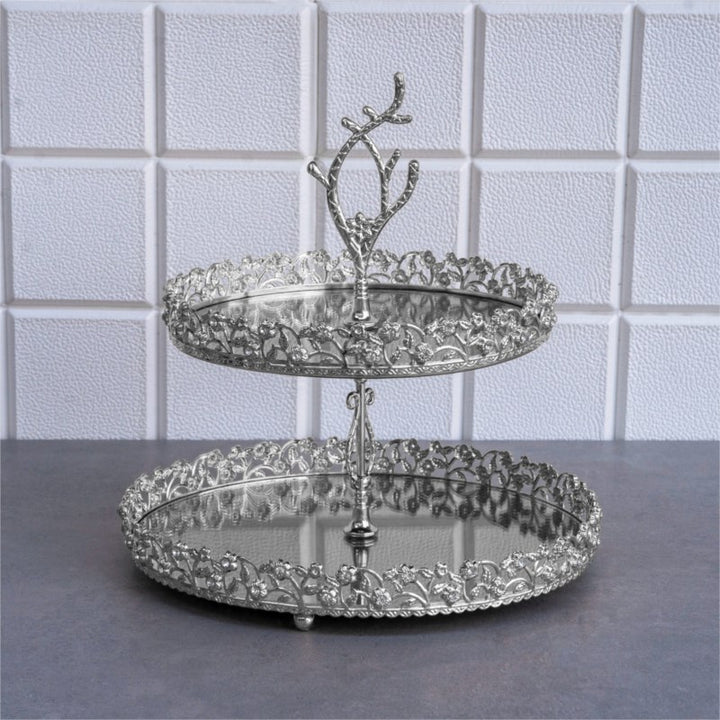 Round Mirrored 2 Tier Table Vanity Tray, Platter, 11.4 in