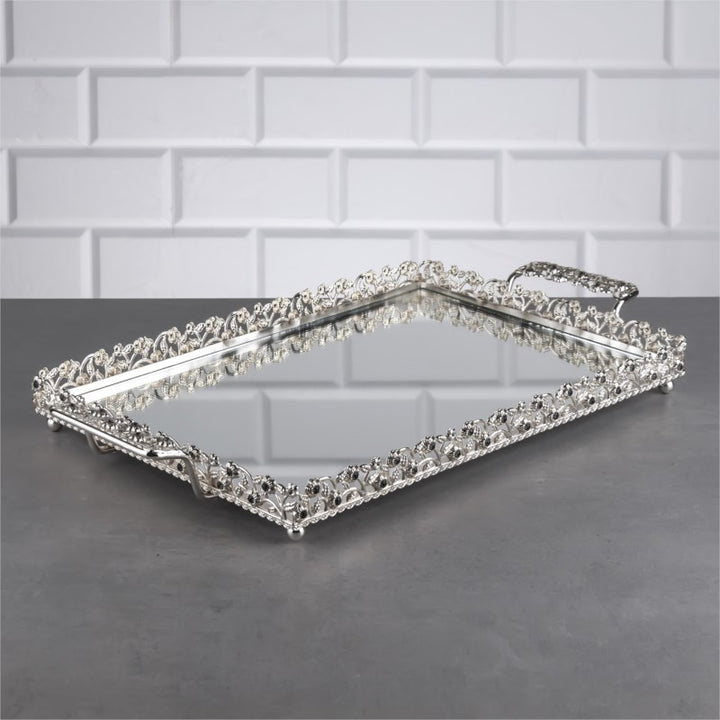 Rectangular Jewelry Mirrored Vanity Tray, 17.3 in