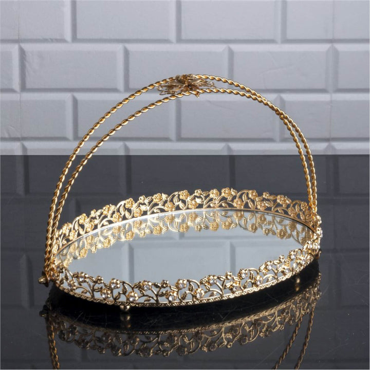 Oval Metal Mirror Jewelry Tray with Wrapped Handle