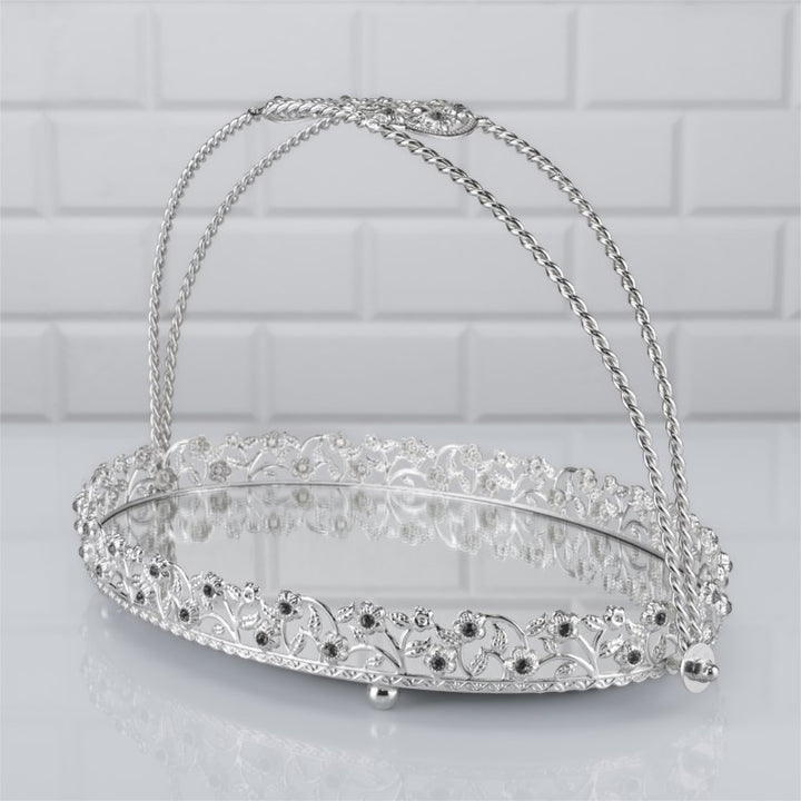 Oval Metal Mirror Jewelry Tray with Wrapped Handle