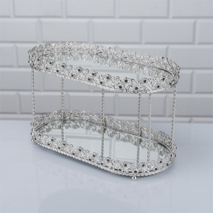 Mirrored Oval 2 Tier Perfume Vanity Tray with Stones