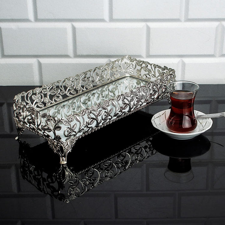 Metal Filigree Mirrored Tray for Gift, Handmade Perfume Tray