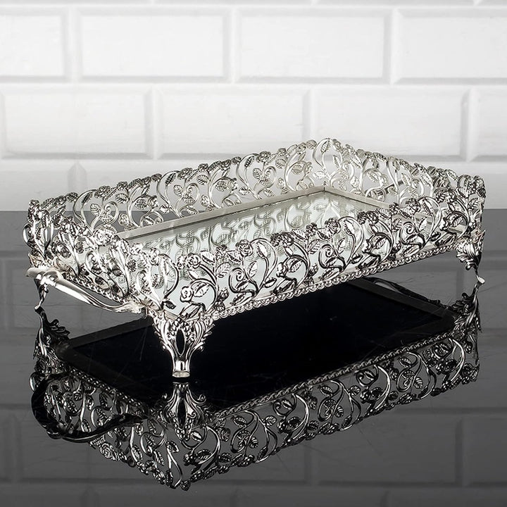 Handmade Rectangle Filigree Mirrored Tray for Gift, 12 in