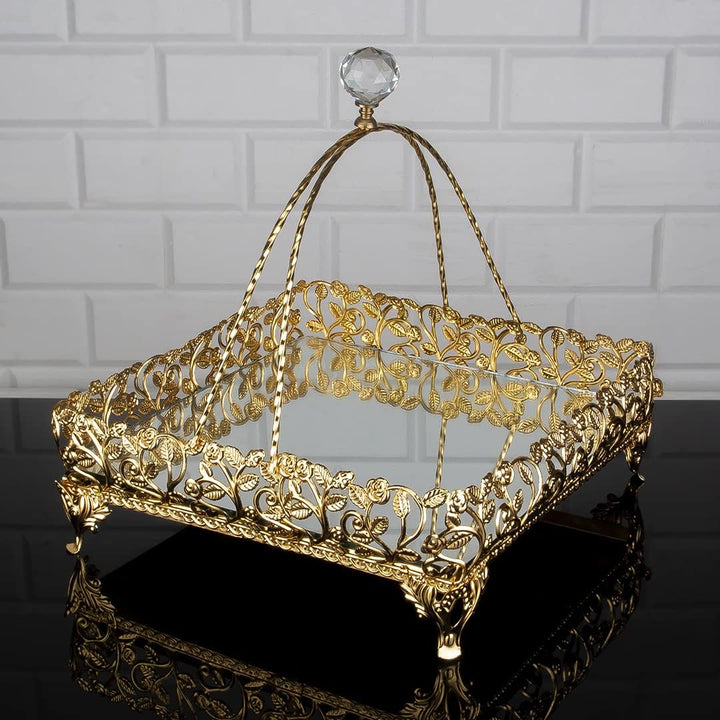 Metal Handmade Square Filigree Mirrored Basket for Gift