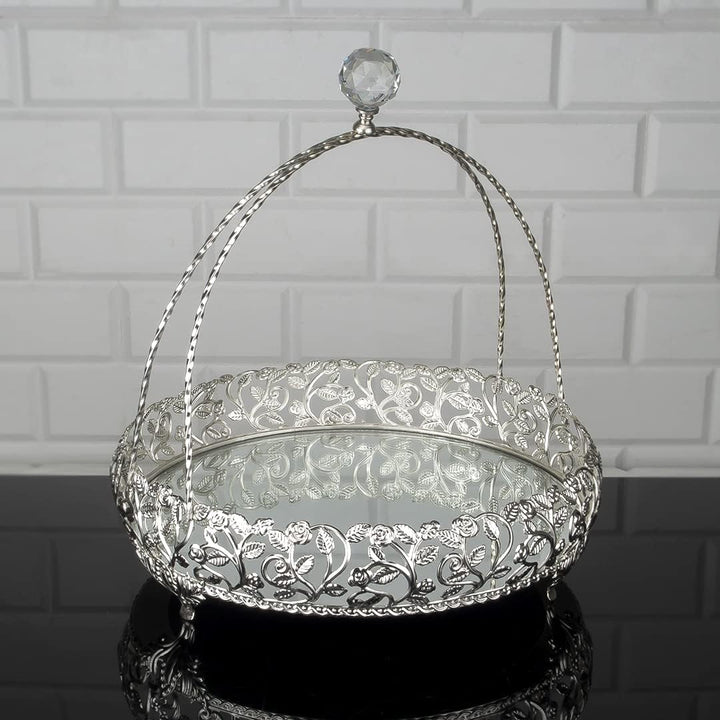 Metal Vanity Tray for Dresser Tops, Fancy Round Jewelry Tray