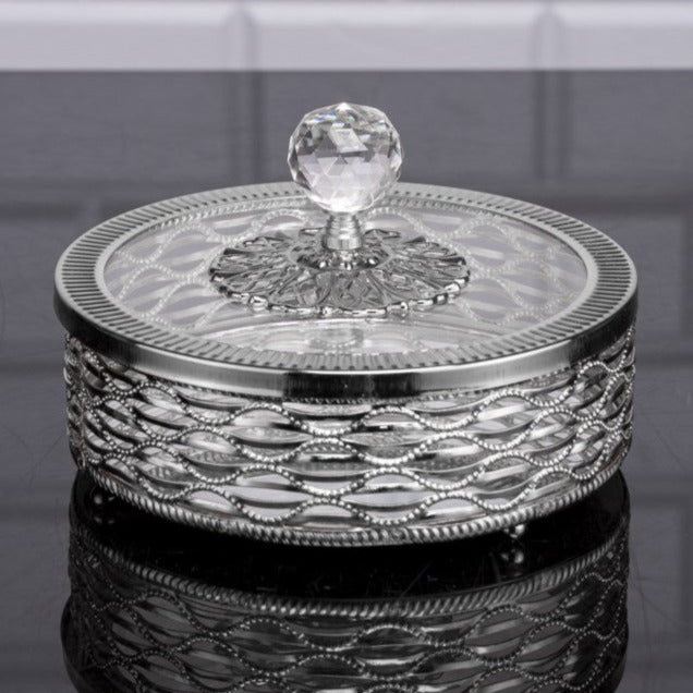 Footed Candy Bowl, Metal Glass Lid, Crystal Top, 6.3 in