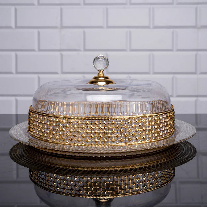 Glass Cake Platter Stand Dome Cover Crystal Top, 13 in, Gold