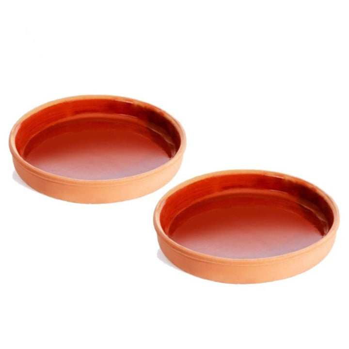 Round Glazed Terracotta Clay Tray Pan for Oven 2 PCs, 6.7 in