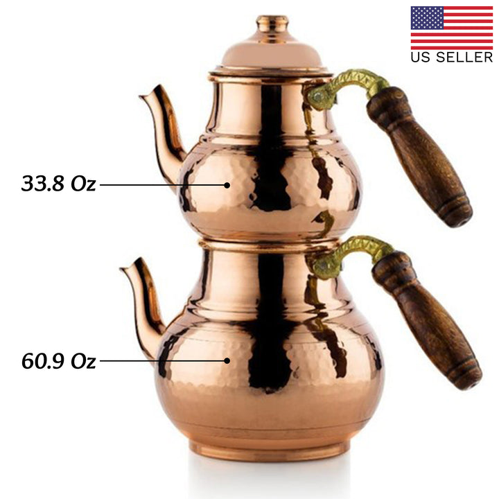 Turkish Copper Teapot Set for Stovetop, 60.8 Oz - 33.8 Oz