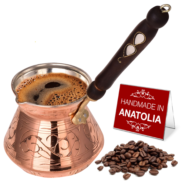 Hakan Thick Copper Turkish Coffee Pot Maker, Wooden Handle