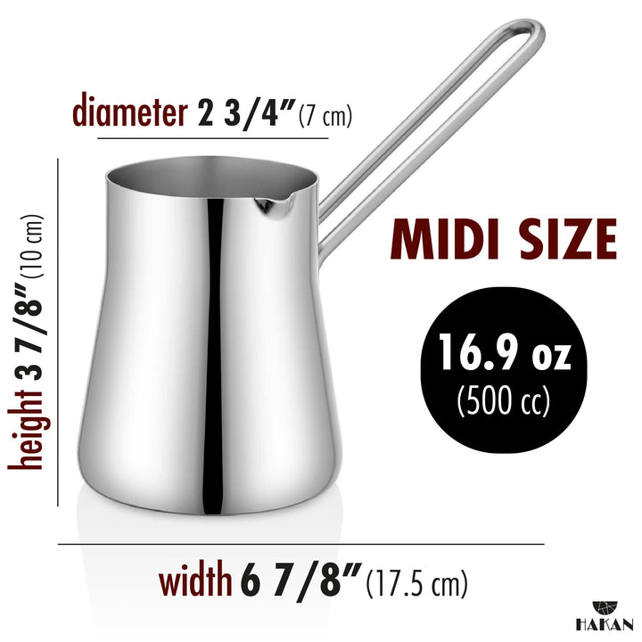 A Steel Coffee Pot labeled MIDI SIZE with long handle. Dimensions listed: diameter 7 cm, height 10 cm, width 17.5 cm, Capacity: 500 cc. 