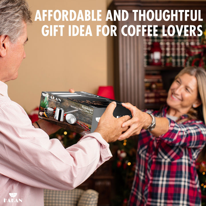 A woman smiles as she receives a coffee maker gift box from a man, with 'Affordable and thoughtful gift idea' text in the background.