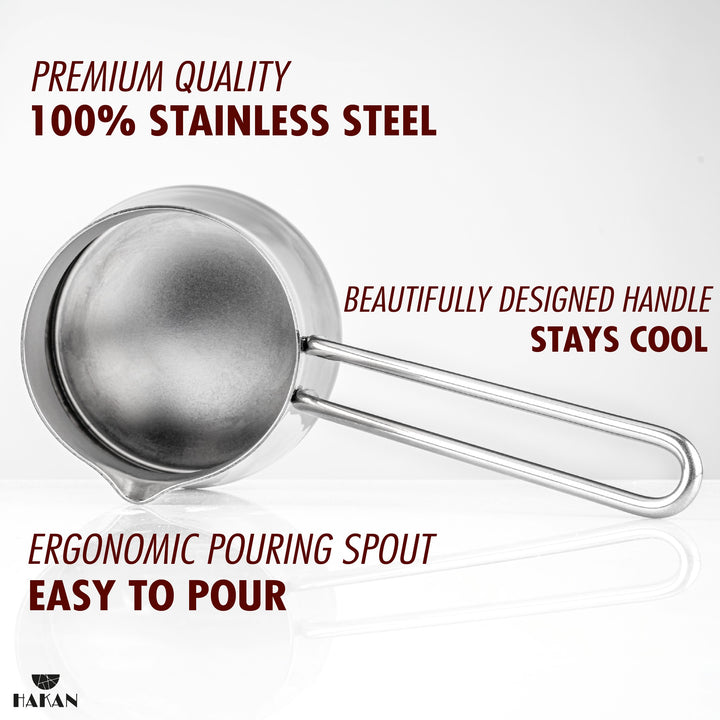 Stainless steel measuring cup with ergonomic handle and spout. Features include premium quality, cool handle, and easy pouring.