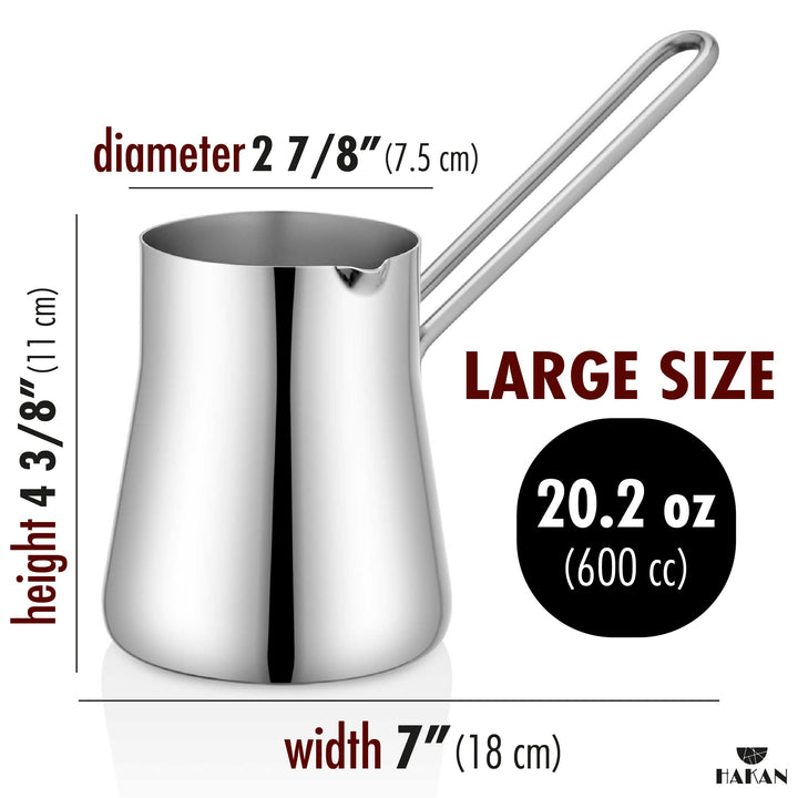 A Steel Coffee Pot labeled LARGE SIZE with long handle. Dimensions listed: diameter 7.5 cm, height 11 cm, width 18 cm, Capacity: 600 cc. 