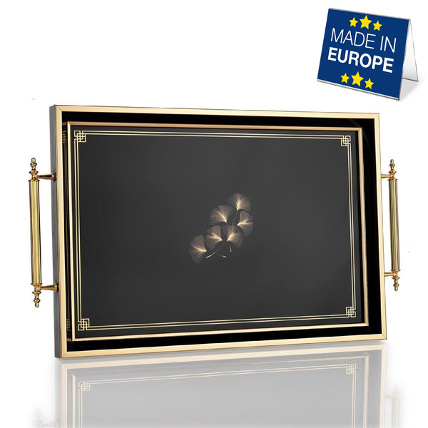 Hakan Rectangular Decorative Serving Tray 19x11.5-inch Black- Golden Leaves, with Glass Surface