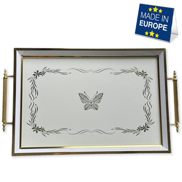 Hakan Rectangular Decorative Serving Tray 19x11.5-inch White-Butterfly with Glass Surface