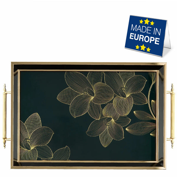 Hakan Rectangular Decorative Serving Tray 19x11.5-inch Black-Golden Flower with Glass Surface