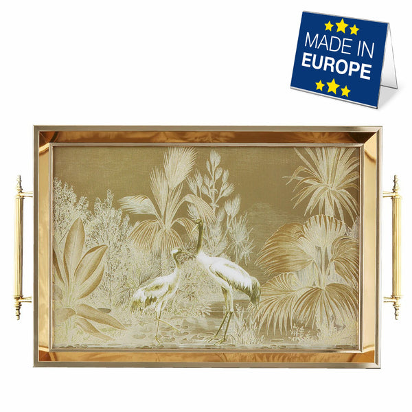 Hakan Rectangular Decorative Serving Tray 19x11.5-inch Gold-Garden Elegance with Glass Surface