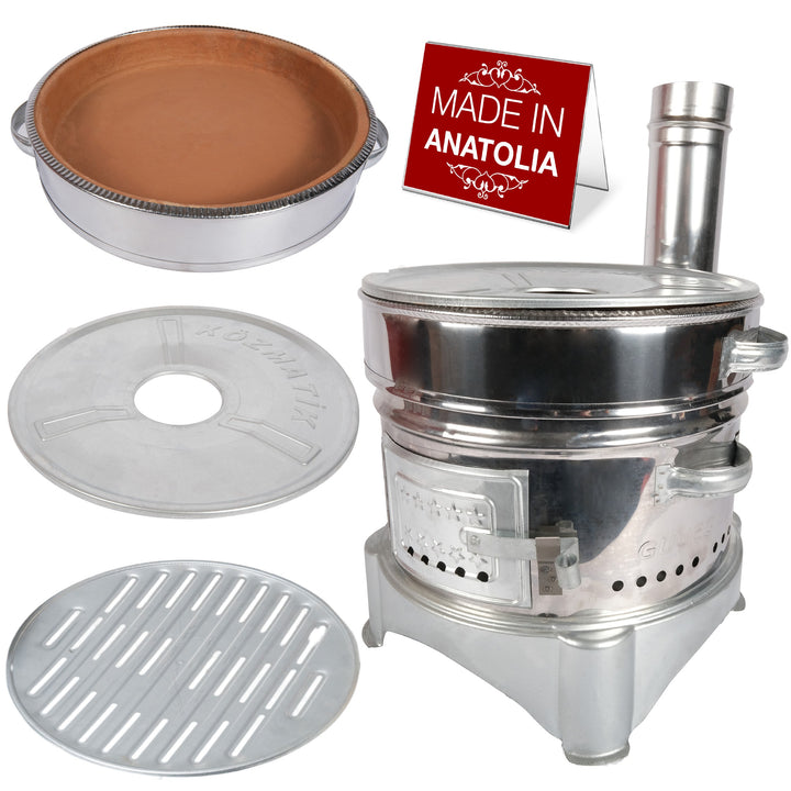 The HAKAN Portable Guvec Mangal Soba 15-inch Clay Grill Barbecue Stove is a versatile Turkish set featuring a chimneyed round metal stove, perfect clay cooking tray for casseroles, metal disc lid, and grill plate. A red sign proudly states Made in Anatolia. Ideal for outdoor camping.