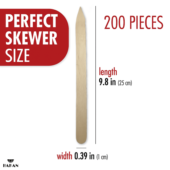 A Hakan 9.8-inch x 0.39-inch wooden flat skewer from the 200-pack is shown vertically beside bold text: “PERFECT SKEWER SIZE,” “200 PIECES,” and the skewer’s measurements.