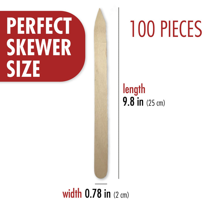 An image displays Hakans 100-Pack Wooden Flat Skewers, ideal for grilling enthusiasts, with dimensions of 9.8 inches (25 cm) long and 0.78 inches (2 cm) wide. A red box reads PERFECT SKEWER SIZE, highlighting this essential BBQ tool from HAKAN.