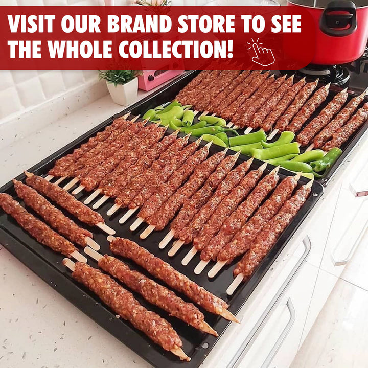 Hakans 100-pack of 9.8-inch wooden skewers, ideal for grilling seasoned minced meat, are showcased on a tray with sliced green peppers. A red banner invites you to visit HAKANs store to discover their full collection.