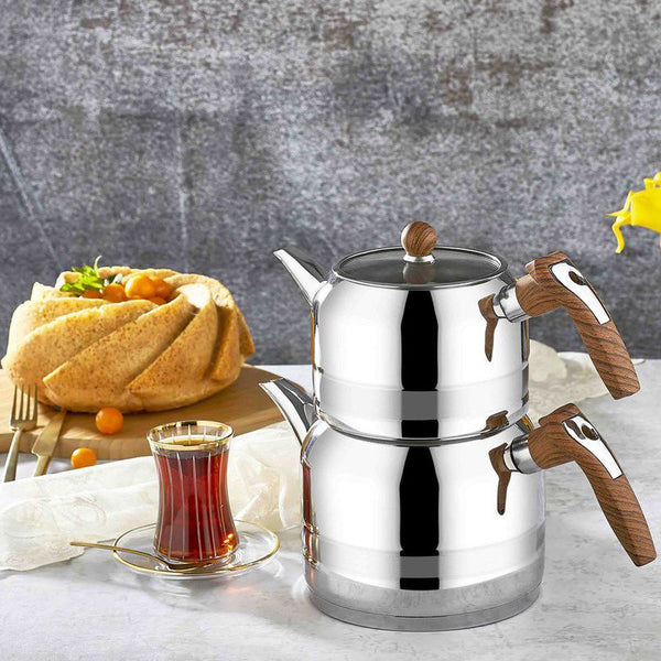 Yağmur Stainless Steel Turkish Teapot Set with Wooden Handles for Stovetop