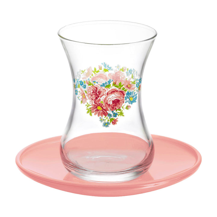 Lav Floral Design Turkish Tea Glasses with Saucers, 4.25 Oz