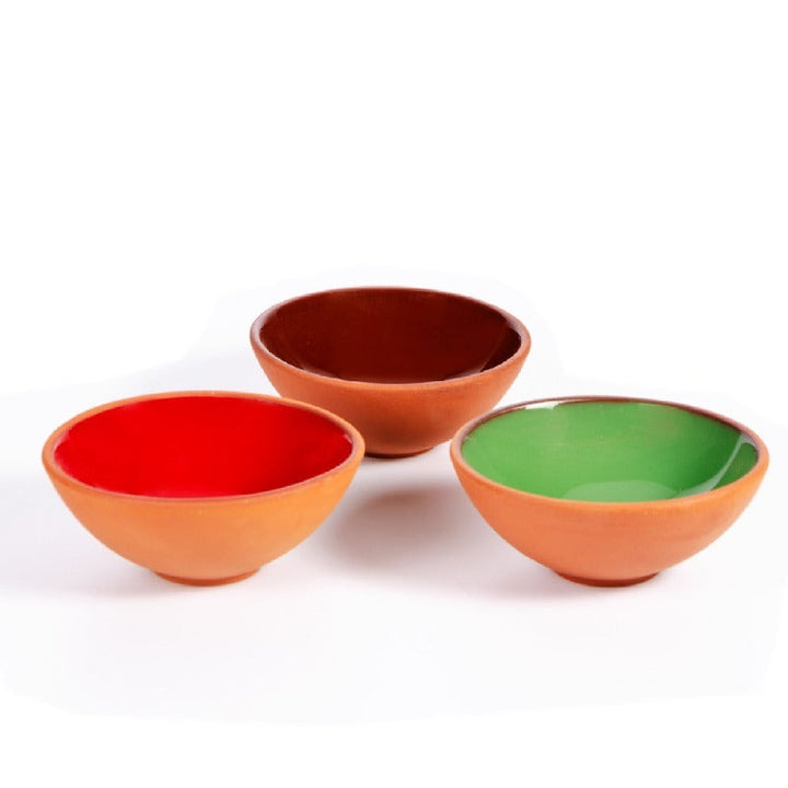 Glazed Colorful Terracotta Clay Bowl Set of 3, 3.9 in