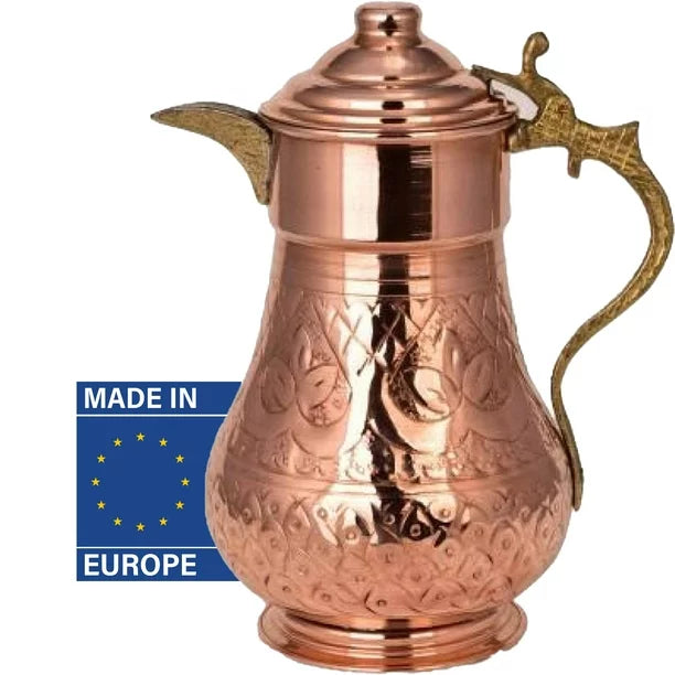 Handmade Hammered and Engraved Copper Water Pitcher with Lid